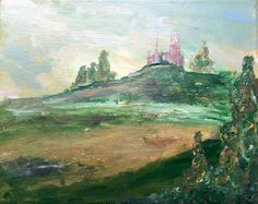 an oil painting of a green hill with trees on the top and a church in the distance