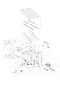 a drawing of people standing in front of a building with stairs and an open floor plan