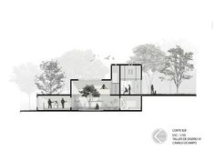 an architectural drawing of a house with trees and people walking on the ground in front of it