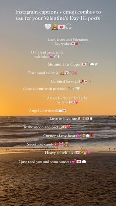 an image of a beach scene with the words instagram captions and emoji combos to use for your valentine's day i love messages