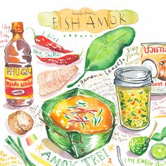 a watercolor and ink drawing of food items including fish, sauces, and condiments