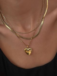 Heart Necklace Black Rope Chain Material: 18K Gold Plated over Premium 316L Stainless Steel Length: 16-18" Care: Water/ Sweat Resistant (No Discoloration or Tarnishing) Stackable Necklaces Gold, Stacked Jewelry Aesthetic, Xoxo Jewelry, Evry Jewels, Stackable Necklaces, Jewelry Aesthetic, Gold Girl, Herringbone Necklace, Stacked Necklaces