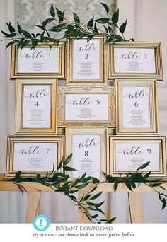 the wedding seating chart is displayed on an easel with greenery and red arrow