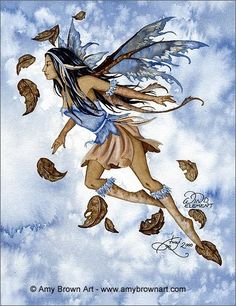 a painting of a fairy flying through the air with leaves in her hair and wings