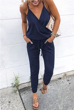 Jumpsuit Women’s Romper with Pockets - Buy a Dream Plain Jumpsuits, Solid Color Jumpsuits, Long Romper, Summer Work Outfits, Looks Chic, Sleeveless Jumpsuits, Types Of Fashion Styles, Look Fashion