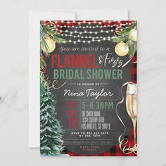 Flannel and Fizz Bridal Shower Invitation Flannel And Frost Holiday Party, Flannel And Fizz, Christmas Bridal Showers, Simple Bridal Shower, Winter Bridal Showers, Christmas Shower, Bachelorette Invitations, Christmas Party Invitation