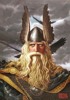 a painting of a man with long blonde hair wearing a helmet and wings on his head