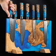 Tsunami Magnetic Block Extra Large Blue Resin Blend Image 1 Magnetic Knife Block, Resin Block, Magnetic Knife Blocks, Epoxy Ideas, Magnetic Knife Holder, Knife Storage, Types Of Knives, Steak Knife Set, Knife Block Set