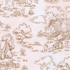 a drawing of animals and trees on a pink wallpapered background with brown ink