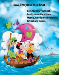 an image of children on a boat with the caption row row your boat, row row your boat, gently down the stream