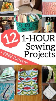 twelve sewing projects with text overlay that reads 12 hour sewing projects and free patterns