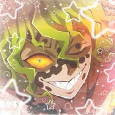 an anime character with yellow eyes and green hair, smiling at the camera while surrounded by stars