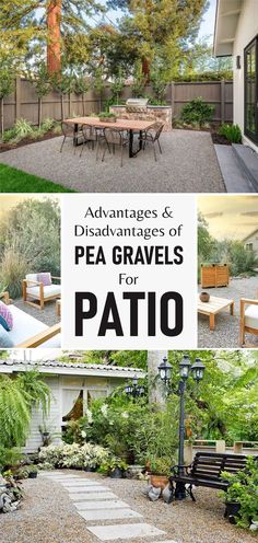 an outdoor patio with benches and tables surrounded by plants, graveled path leading to the back yard