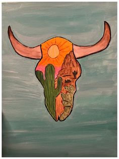 a painting of a bull's head with a cactus in the foreground