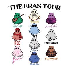 the eras tour poster with ghost faces and words on it's back side, all in different colors