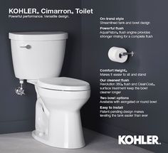 The Cimarron toilet bowl delivers powerful, clean, swirl flush performance. Kohler's most complete flush ever, Revolution 360 swirl-style flushing technology keeps your bowl cleaner longer than a conventional flush. KOHLER Cimarron Biscuit Elongated Chair Height Toilet Bowl 12-in Rough-In in White | 31588-96 Contemporary Toilets, Kohler Toilet, Black Toilet, Toilet Bowl Cleaner, Toilet Tank, Toilet Bowls, Flush Toilet, Chair Height, Tank Design