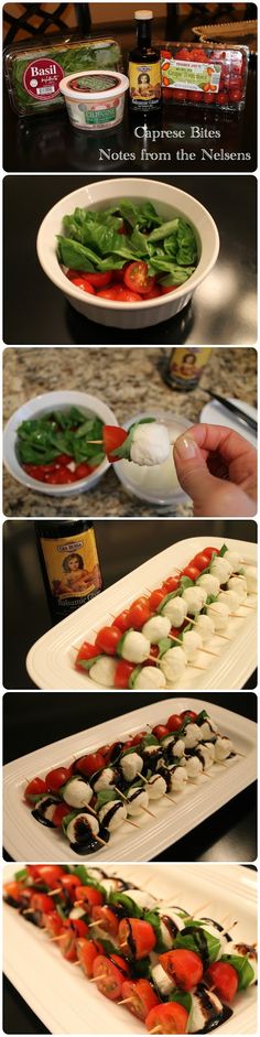 the process of making an appetizer with tomatoes, green beans and mozzarella