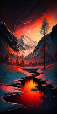 a painting of mountains and trees at night with the sun setting in the sky above them