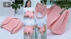 the crocheted purse is being displayed in four different pictures, including one with a zipper