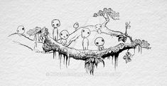 an ink drawing of people sitting on a tree branch