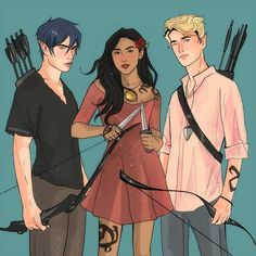 three people standing next to each other with arrows in their hands and one holding a bow