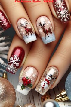 Christmas Nails Acrylic Designs, Christmas French Nail Designs, Christmas Floral Nails, 2024 Christmas Nail Trends, Rudolph Nails Designs, 2024 Christmas Nail Designs, Christmas Nails Fun, Acrylic Nail Designs For Christmas, Winter Dip Nail Ideas