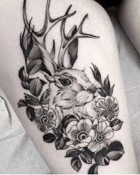 Jackalope Tattoo, Shoulder Sleeve Tattoos, Tribute Tattoos, Animal Tattoo Ideas, Ear Tattoo Ideas, Finger Tattoo For Women, Circle Tattoos, Bunny Tattoos, Poppies Tattoo