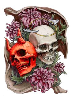 two skulls with horns and flowers on their heads are depicted in this tattoo art design