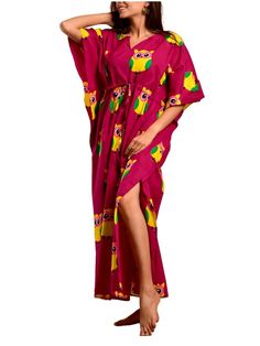 magenta-owl-long-kaftan-10921032RD, Women Clothing, Cotton Kaftan, Magenta Owl Print Long Kaftan Long Multicolor Kaftan For Loungewear, Multicolor Tunic Kaftan For Loungewear, Relaxed Fit Tunic With Kimono Sleeves, Oversized Cotton Kaftan, Free Size Tunic Thobe For Vacation, Casual Tunic Thobe For The Beach, Vacation Tunic Thobe Free Size, Free-size Tunic Thobe For Vacation, Vacation Thobe In Tunic Style Free Size