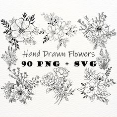 hand drawn flowers with black and white ink