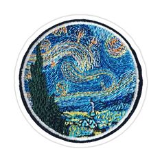 a patch with a painting on it that looks like the starry night is in the sky