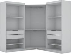 an open white closet with shelves and drawers