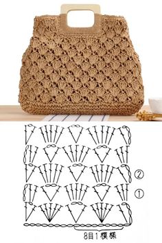 a crocheted bag with an attached handle and handles on the side, next to a