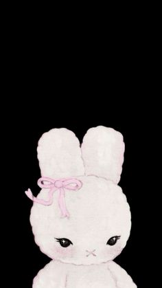 a drawing of a white bunny with pink ribbon on it's head sitting in front of a black background