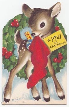 an old fashioned christmas card with a deer holding a present in it's mouth