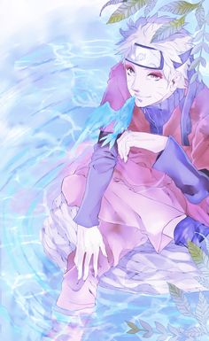 an anime character sitting in the water with a bird on his arm and leaves around her neck