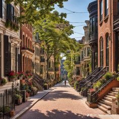 an empty street lined with brick buildings and flower boxes on the sidewalk, surrounded by greenery