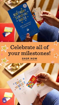 someone holding up a birthday card with the words celebrate all of your milestones shop now