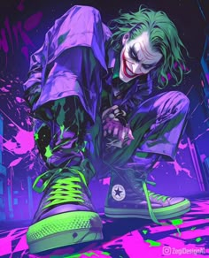 the joker is sitting on top of his sneakers