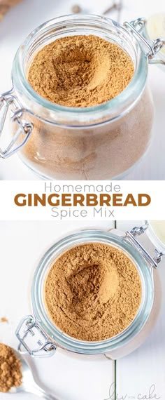 the ingredients for this homemade gingerbread spice mix are in separate glass jars with spoons