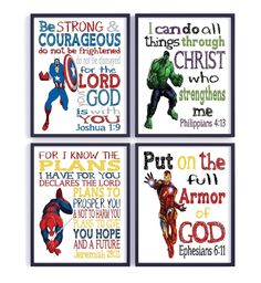 four cross stitch pictures with the words, i am do all things through christ and captain america