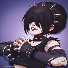 an anime character with spiked hair and horns on her head, wearing black leather gloves