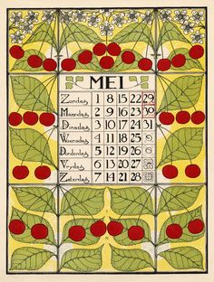 a calendar with cherries on it and numbers in the middle, surrounded by leaves