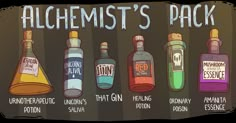 the alchemist's pack is shown with different bottles and labels on it