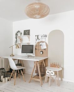 a white desk and chair in a room