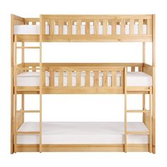 a wooden bunk bed with white mattresses