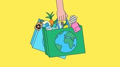 a person's hand holding a shopping bag filled with groceries and other items on a yellow background