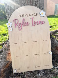 a wooden sign that says, one year of rye trene on the side of a tree