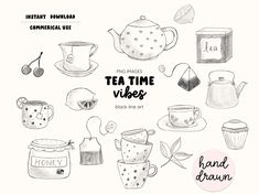 tea time viber clipart set with cups, kettles and other items in black and white