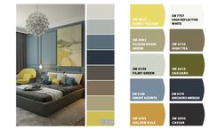 a living room with blue, yellow and gray colors in the color scheme for the walls